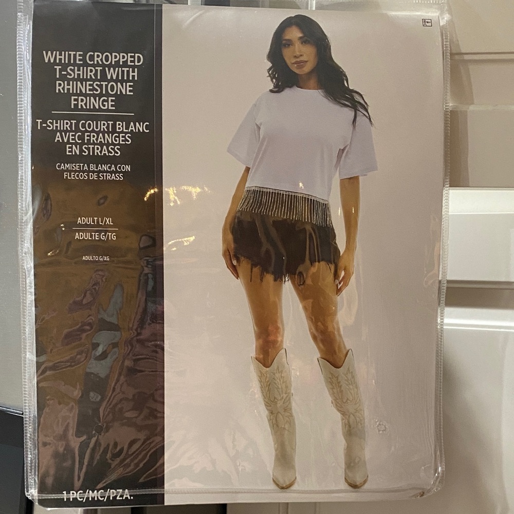White Cropped T-Shirt with Rhinestone Fringe